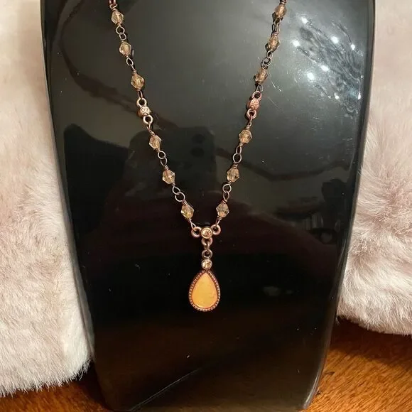 1928 Yellow Moon Crystal Teardrop Copper Tone Pendant Necklace Vintage Style - Picture 1 of 6